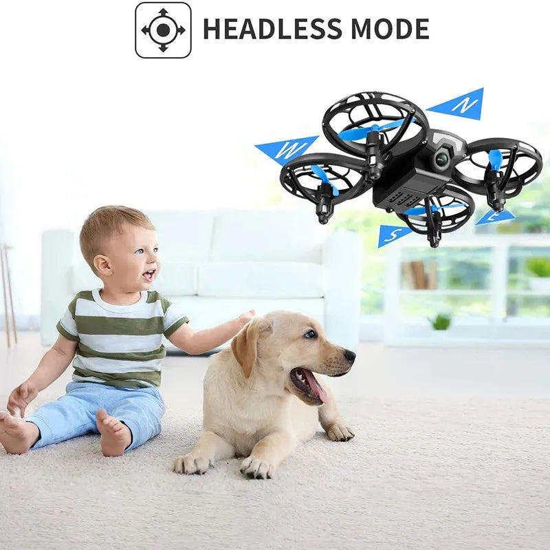 Small black toy drone with blue propellers and protective cage, featuring headless mode for indoor play.