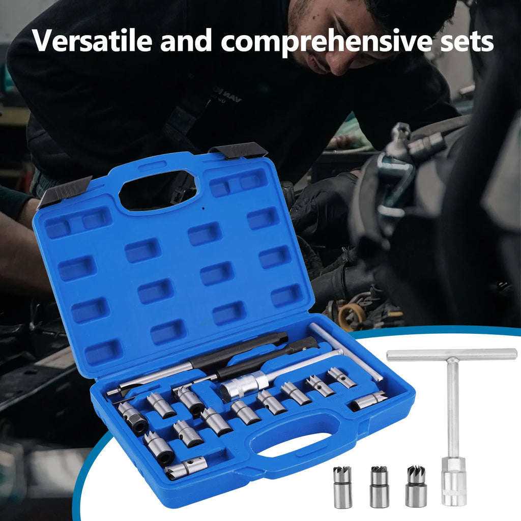 17Pcs Professional Diesel Injector Seat Cutter Cleaner Tool Set Universal Injector Seat Cleaning Kit Carbon Steel Remover Car Flat Reamer Repair Tools