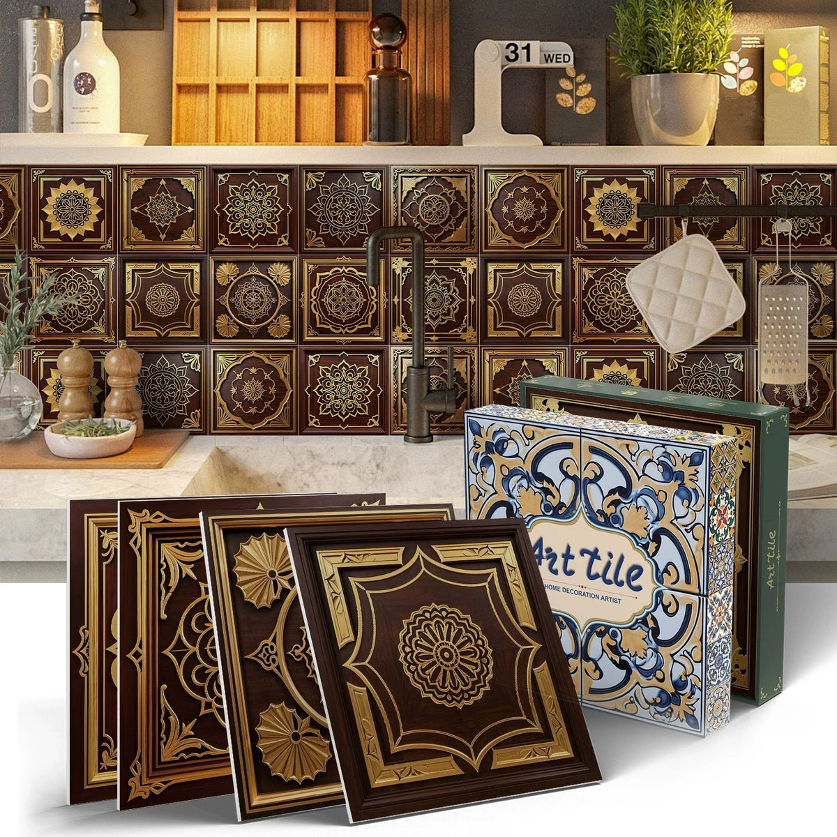 Peel-and-stick mosaic tile sticker sheets with dark brown and gold geometric rosette designs