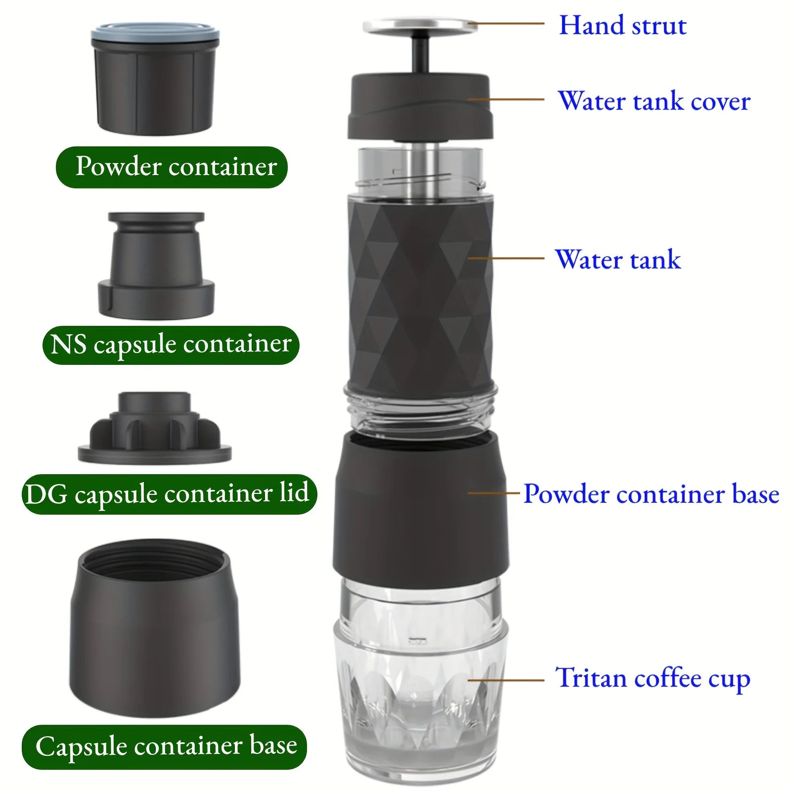 Portable black manual coffee maker with modular Tritan cup, water tank, and capsule adapter parts for travel espresso.