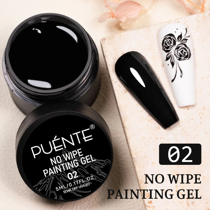 Black no-wipe painting gel in a 5ml round jar with a nail tip painted solid black and one with a floral design.