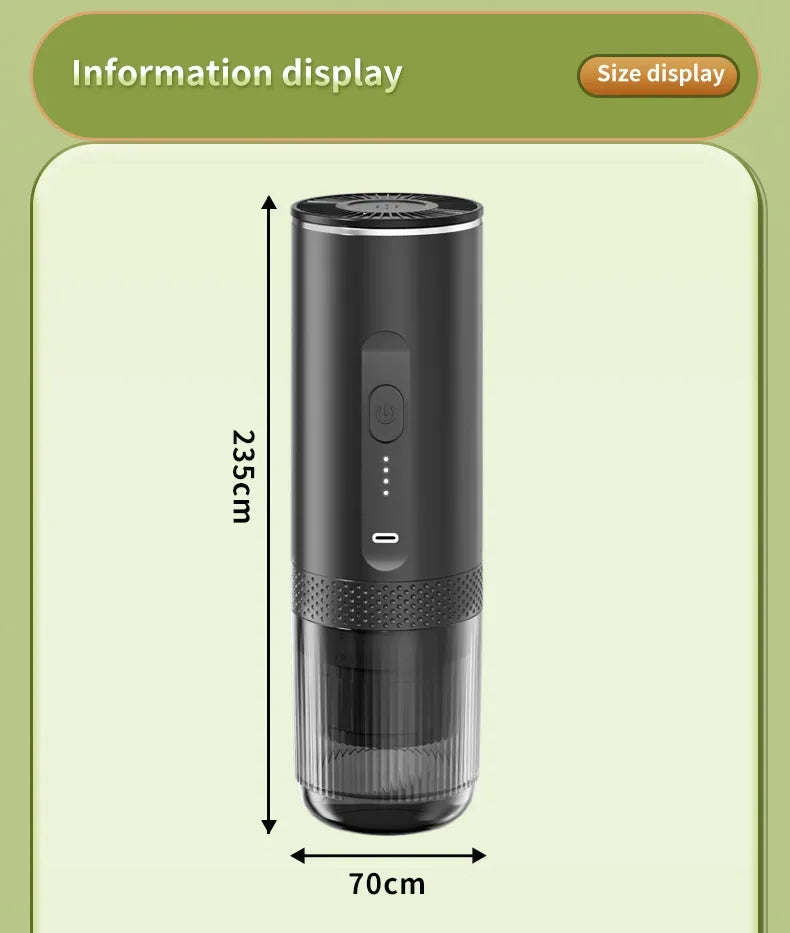 Portable black electric coffee maker, 235mm tall, with a clear bottom cup and power button interface.