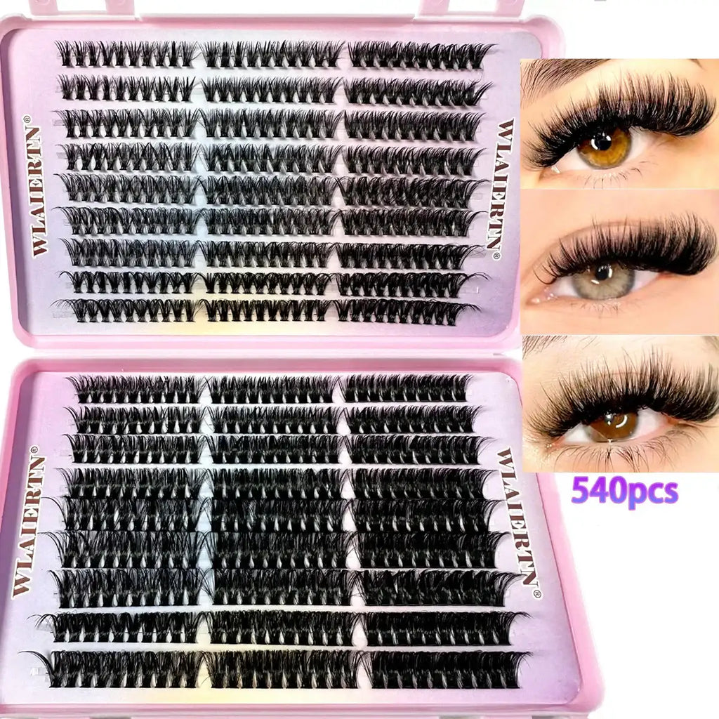 Set of 540 black, individual cluster false eyelashes in a pink storage case for voluminous eye makeup application.