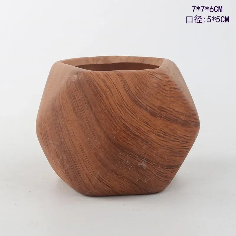 Ceramic succulent pot with warm wooden-brown finish and smooth rounded edges