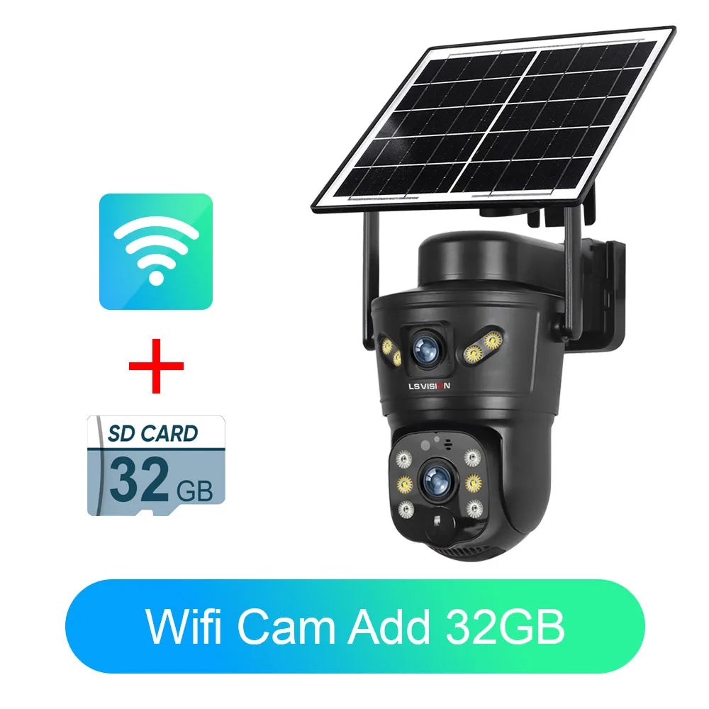 Outdoor solar security camera with WiFi icon plus 32GB SD card add-on option