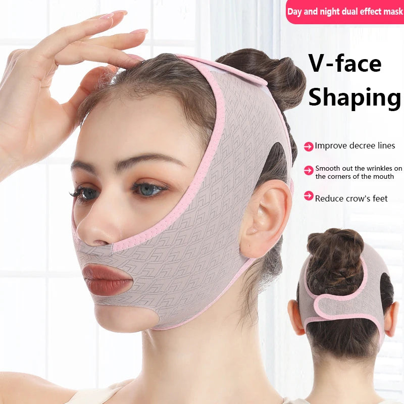 A woman wearing a gray and pink, patterned fabric V-line face slimming bandage with velcro straps.