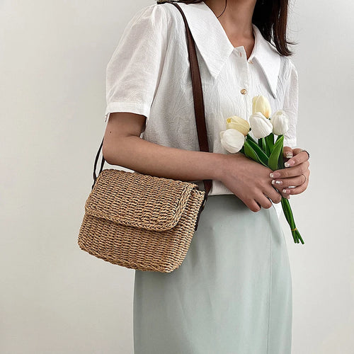 Fashion Women Weave Straw Shoulder Bag Raffia Messenger Bag New Trendy Vintage Crossbody Bag for Summer Straw Beach Bag