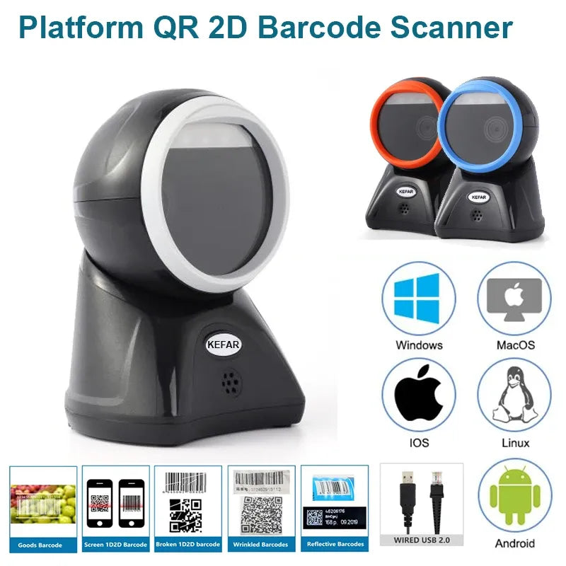 Black platform QR 2D barcode scanner with orange and blue side accents