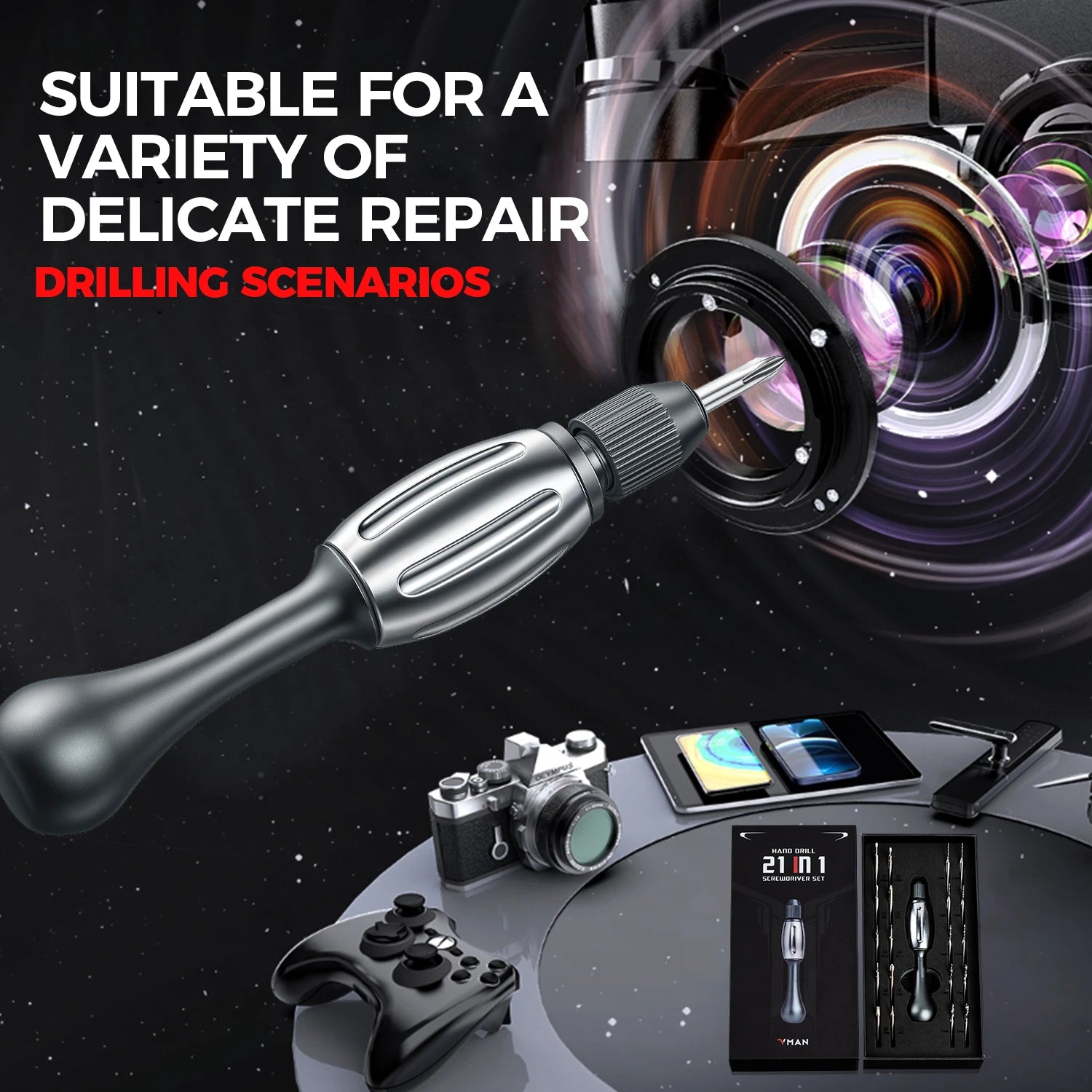 21-in-1 Screwdriver/Drill: non-slip grip, S2 bits, magnetic, quick swap. For jewelry, resin, wood, plastic housework, man's gift