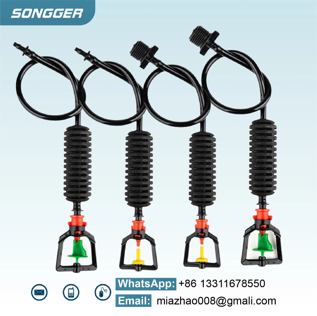 Set of four hanging micro sprinkler nozzles with black hoses and multicolor bases