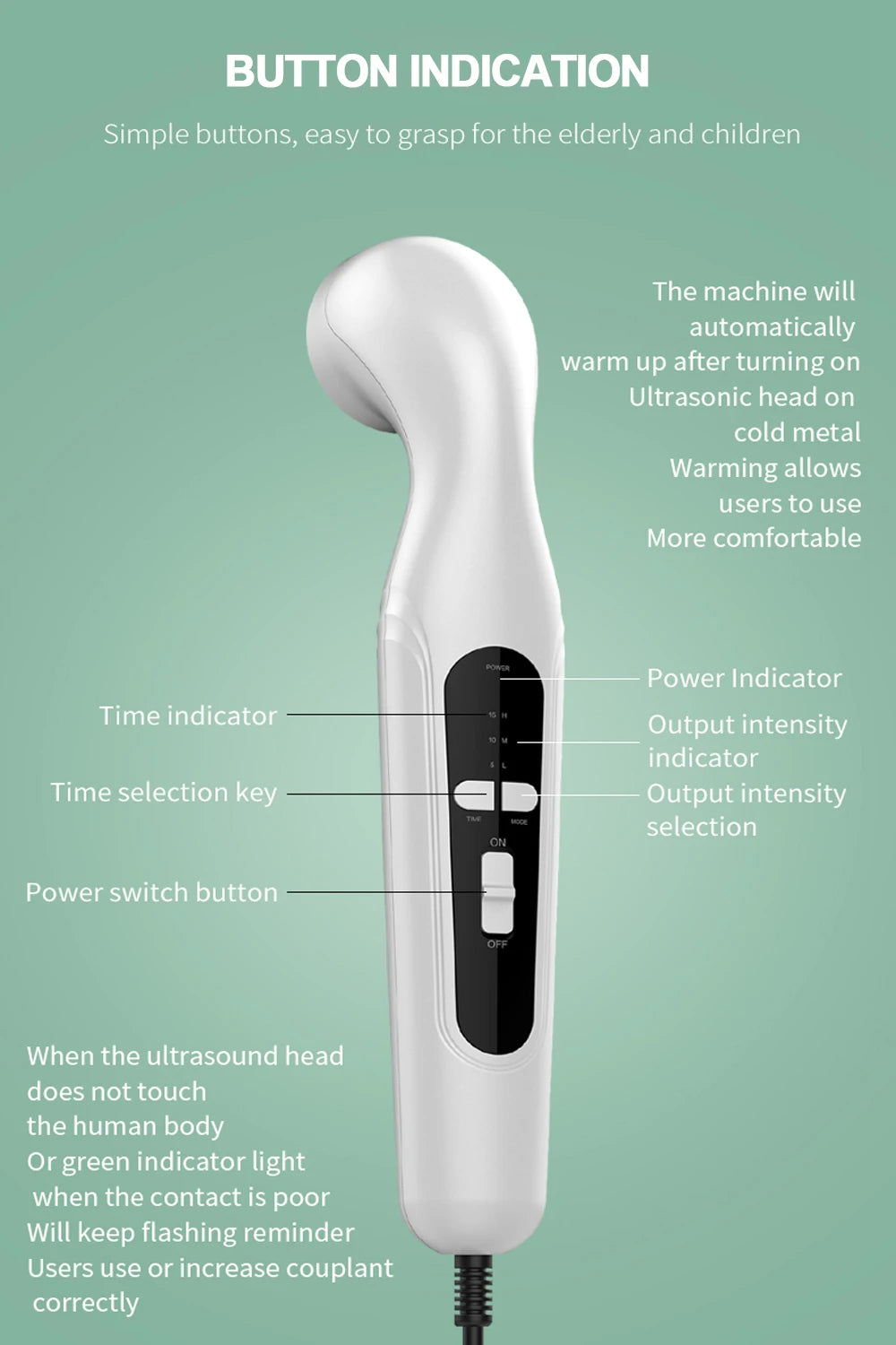 White handheld ultrasound physiotherapy device with simple button interface for home muscle pain relief and therapy.