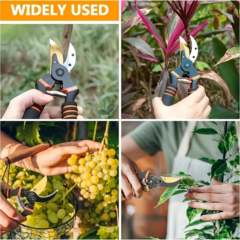 Handheld pruning shears with black-and-orange handle grips and curved gold cutting blade