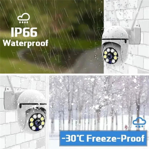 White outdoor PTZ WiFi security camera with IR LED array on a wall