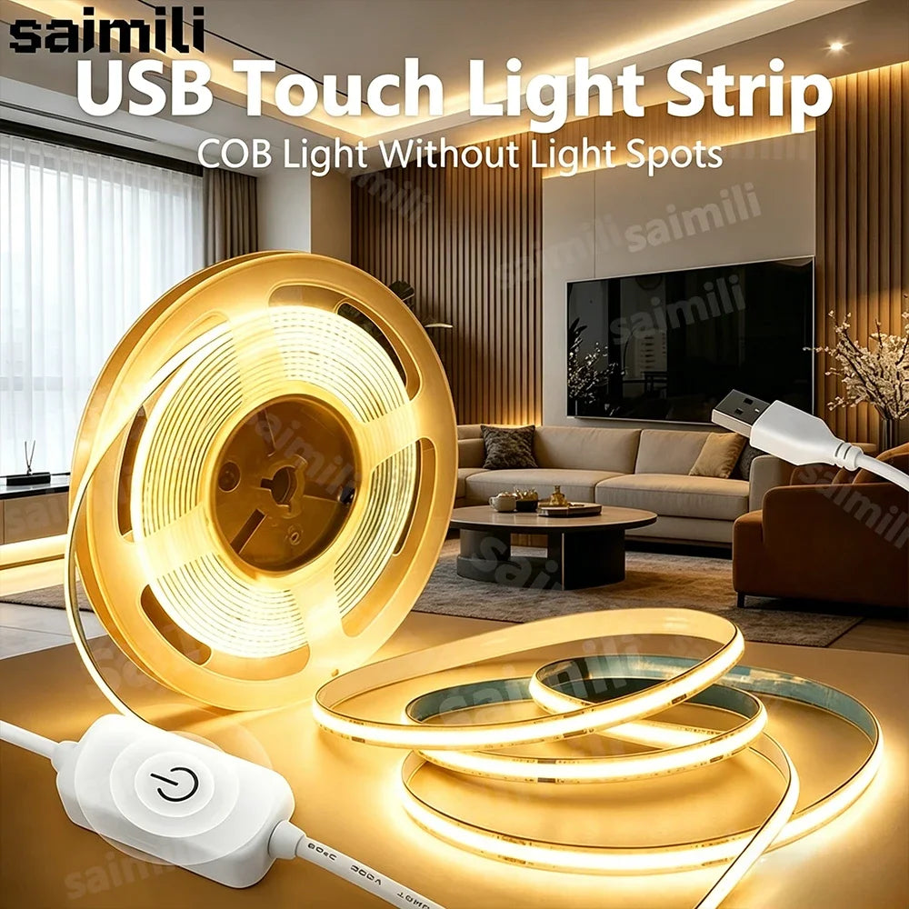 COB LED Strip Lights With Touch Dimmer 5V High Density Linear Lighting with Adhesive Tape DIY Lamp For Living Room Cabinet Decor