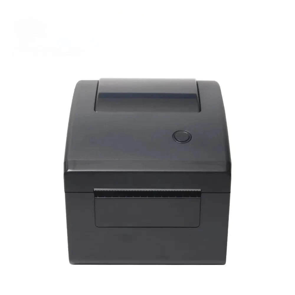 Black 3-inch thermal label printer front view with top feed slot and button