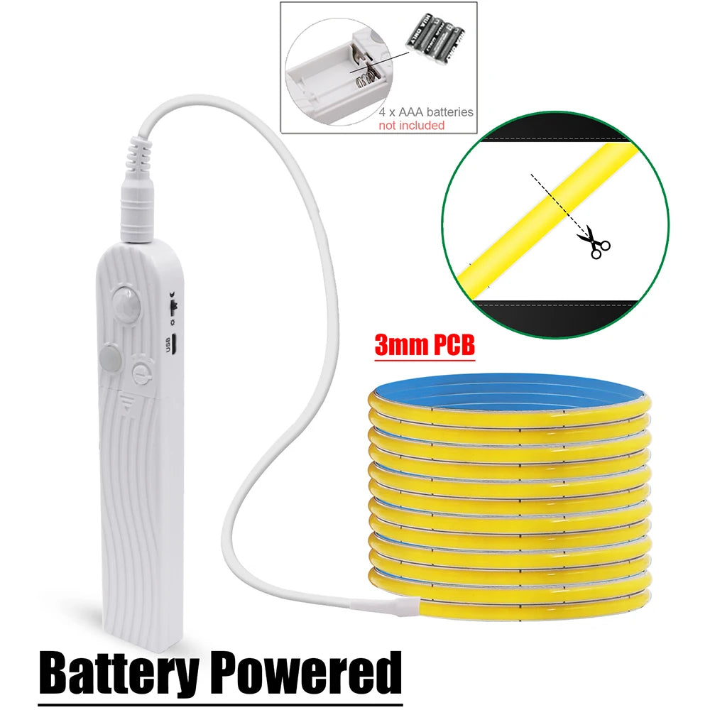 Battery-powered motion sensor LED COB strip, flexible 3mm PCB, yellow light.