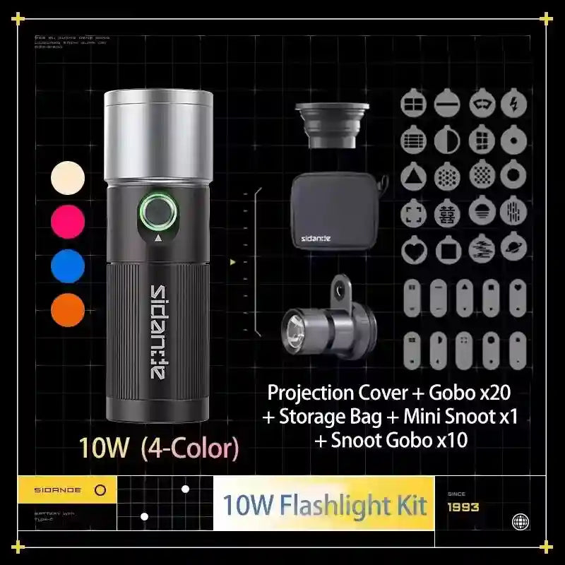 10W flashlight kit with a cylindrical black metal body, projection cover, storage bag, and 30 assorted pattern gobos.