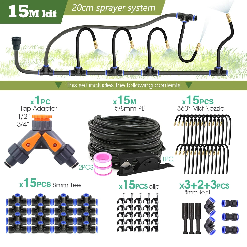 15m garden misting system kit: 5/8mm PE hose, tap adapter, 360 mist nozzles