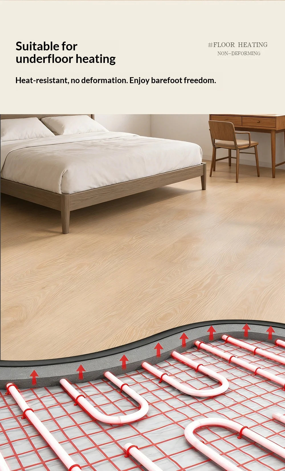 Light wood-look SPC click flooring laid over underfloor heating pipes