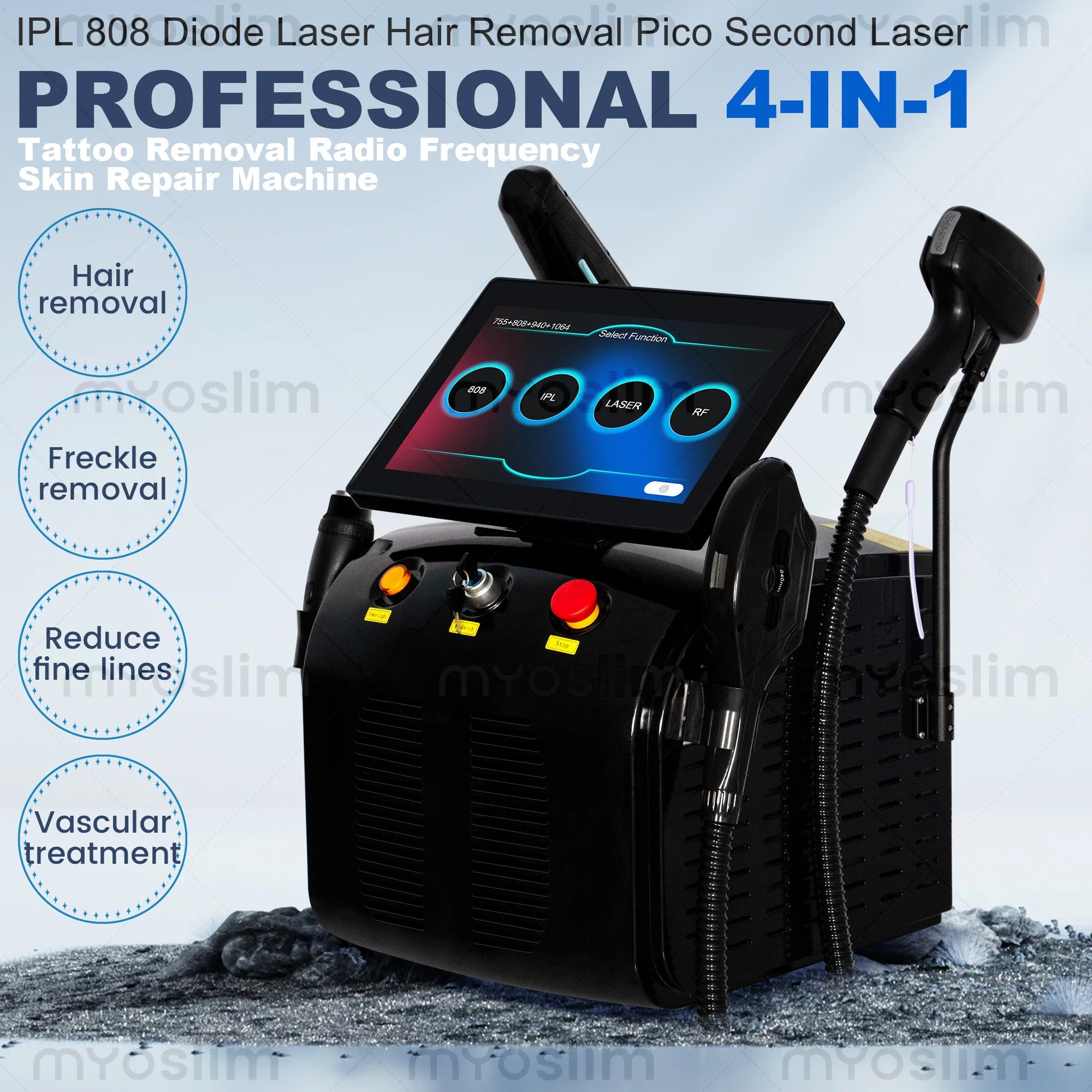 Tidesmit 4-in-1 beauty machine console showing diode laser, pico, DPL, and RF interface settings for professional use.