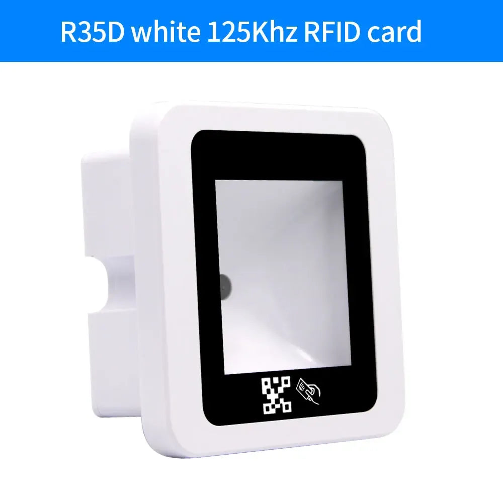 White QR and RFID card access scanner with square touchscreen and wall bracket
