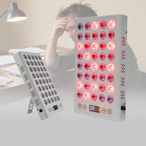 Rectangular red light therapy panel device with LED bulbs for wellness and pain relief therapy.