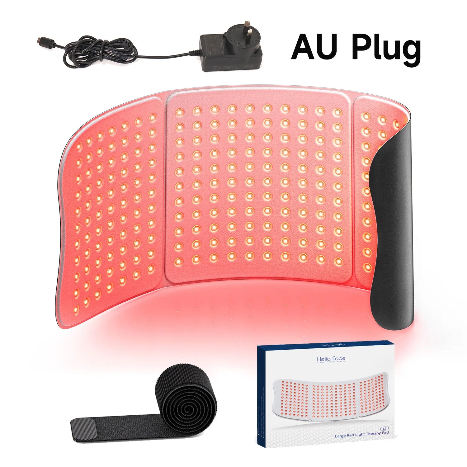 Large red light therapy mat with 792 LEDs, flexible black exterior, power cord with AU plug, and strap in box.