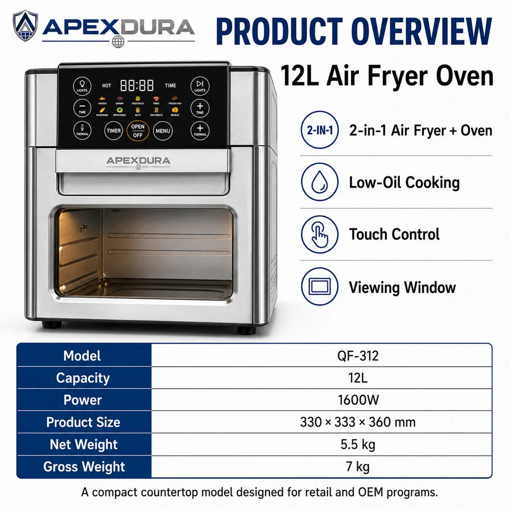 12L Large Capacity Air Fryer Oven 2 in 1 Rotating Drum Touch Control Visible Window 1600W CE CB OEM Factory