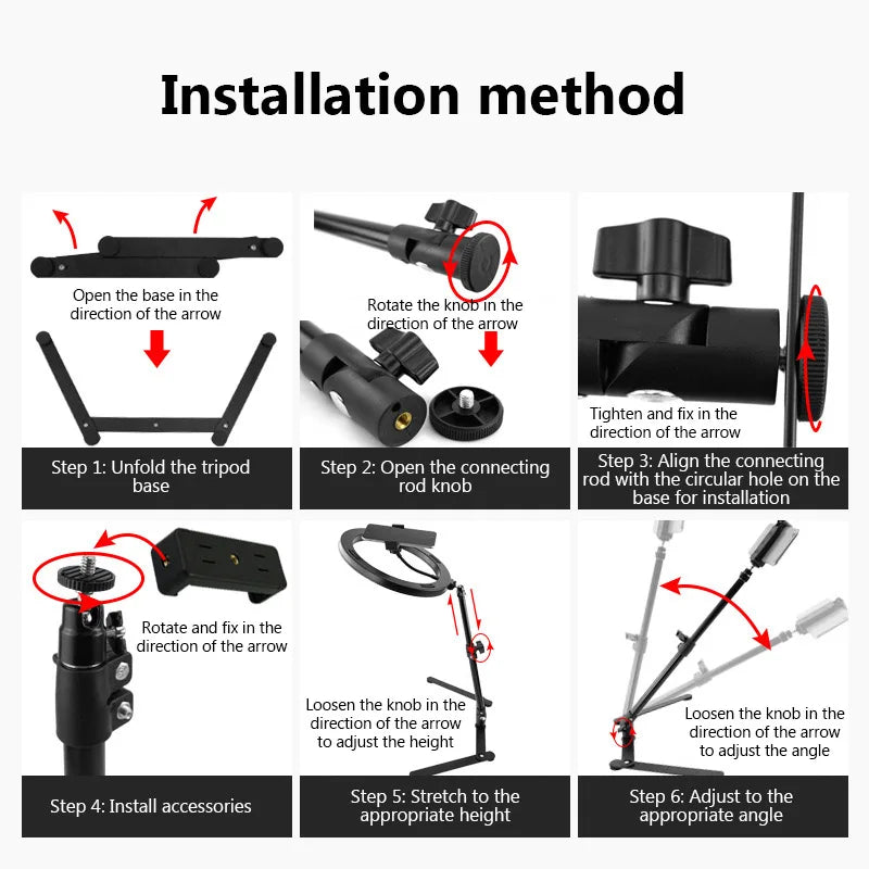 Six-step installation guide for a black metal tripod stand with adjustable height, knobs, and accessory mounts.