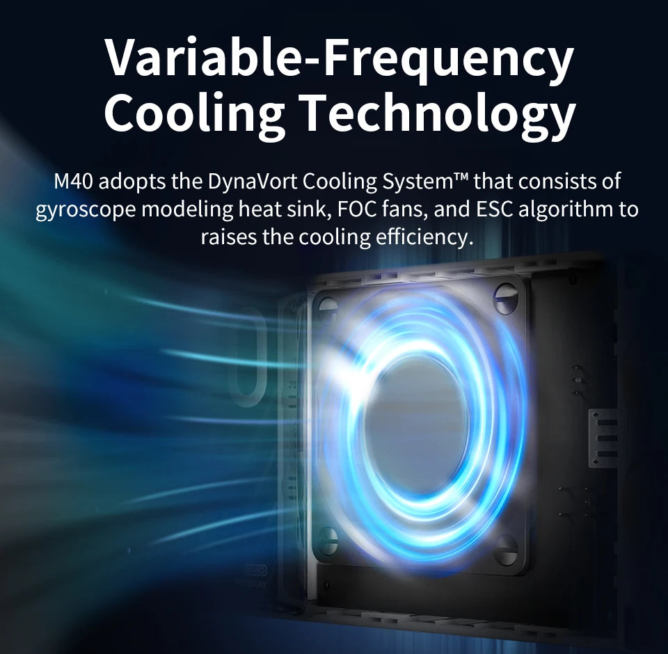 M40 square cooling fan with glowing blue light vortex and metallic casing for heat dissipation.