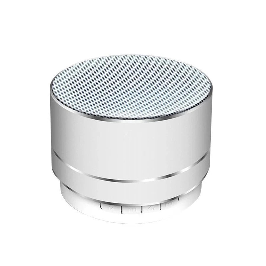 Portable wireless Bluetooth speaker, white cylinder with round metal mesh speaker grille
