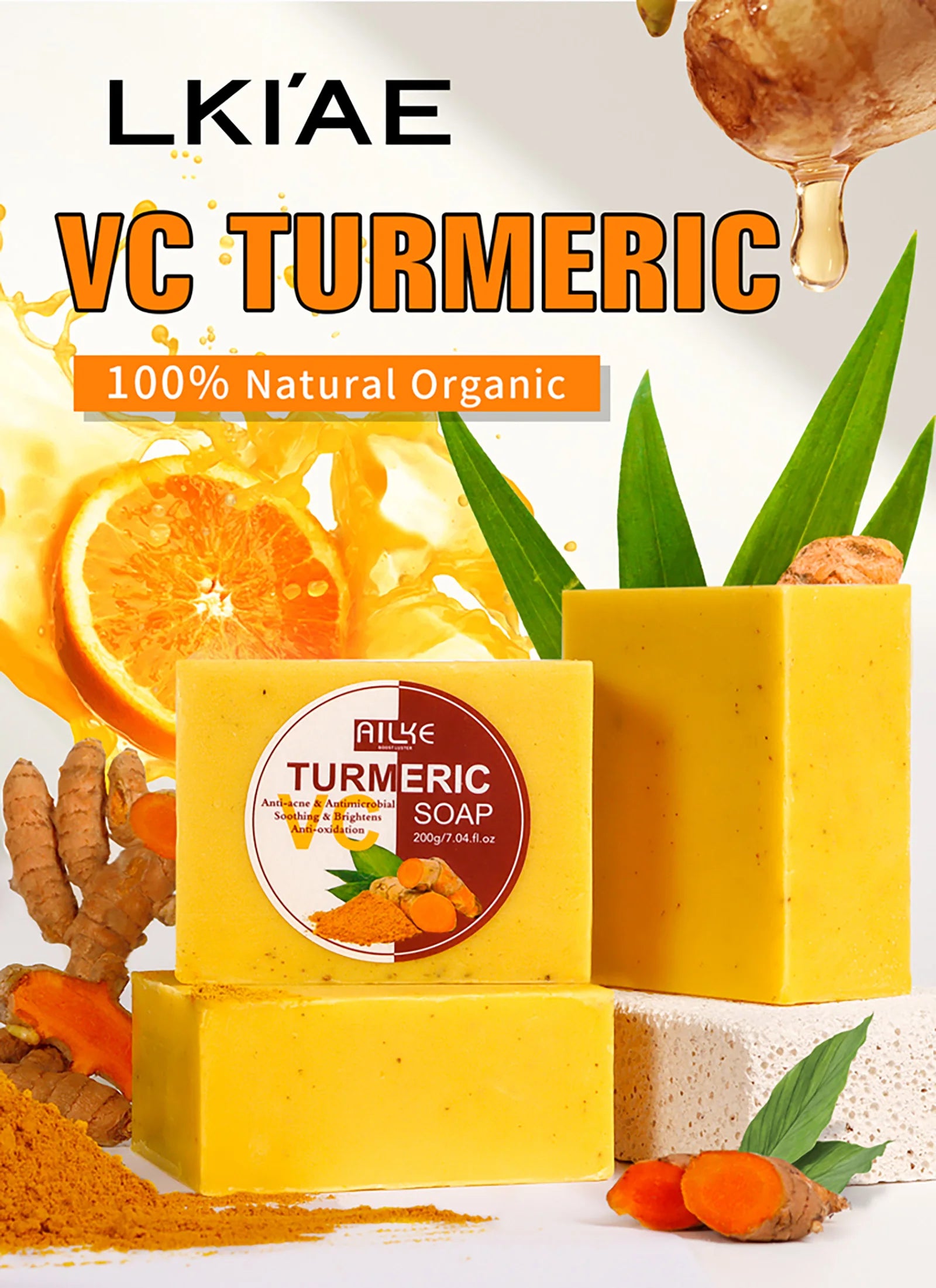 AILKE Natural Turmeric Soap for Face & Body, Whitening, Clean Stains, Even Skin Tone, Remove Acne, Age Spot, Black Spot, 200g