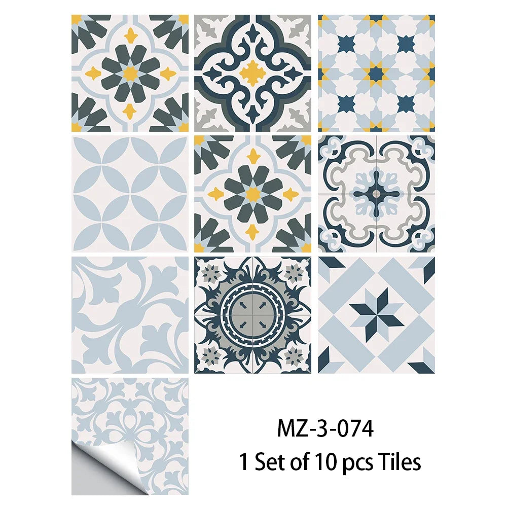 Light blue, gray, and white patterned floor sticker tiles set with clock motif.