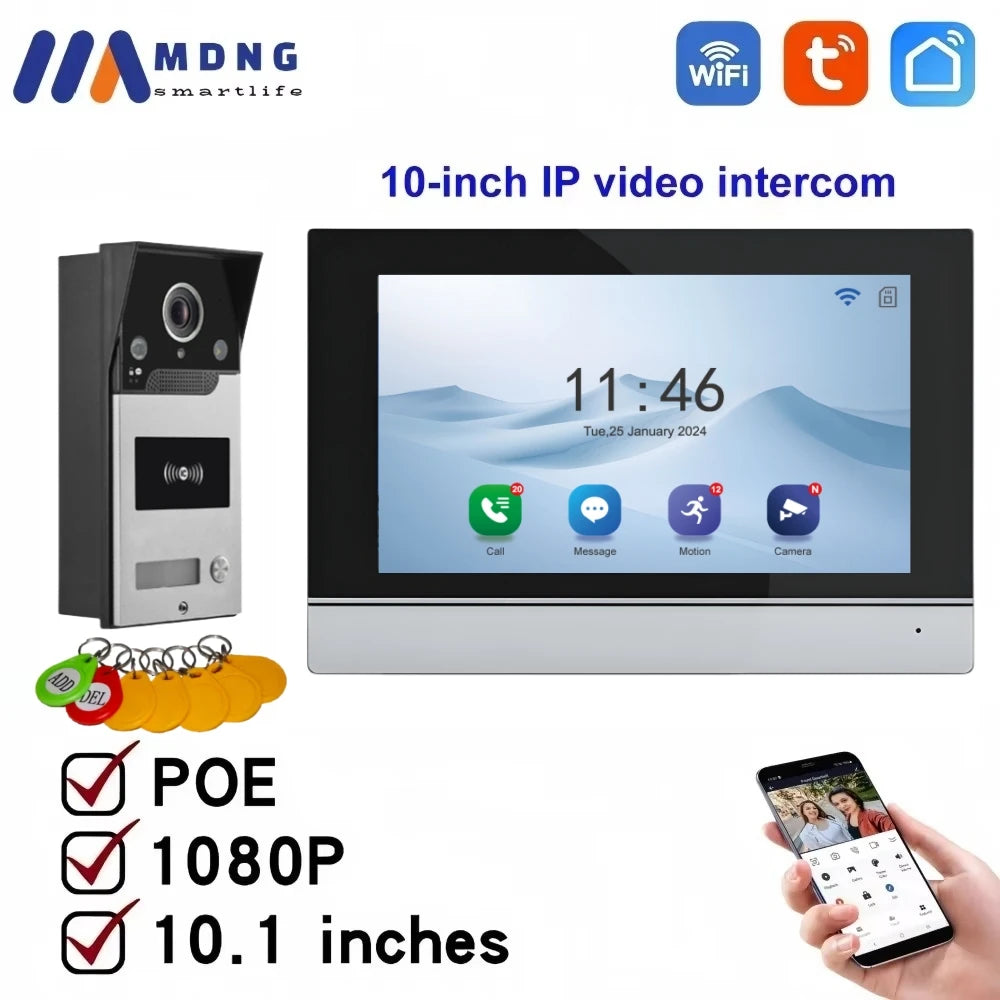 TUYA 1080P 10 Inch Video Intercom Touch Screen Wireless WiFi POE Wired Doorbell RFID Access Control Night Vision Waterproof
