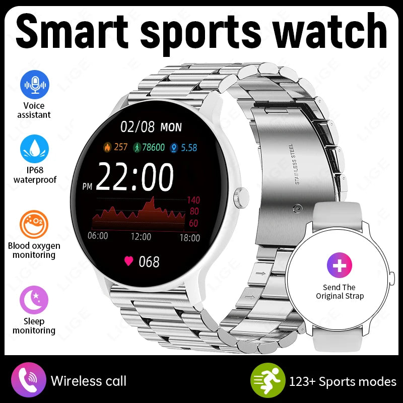 Silver steel smart sports watch with circular screen and link metal bracelet