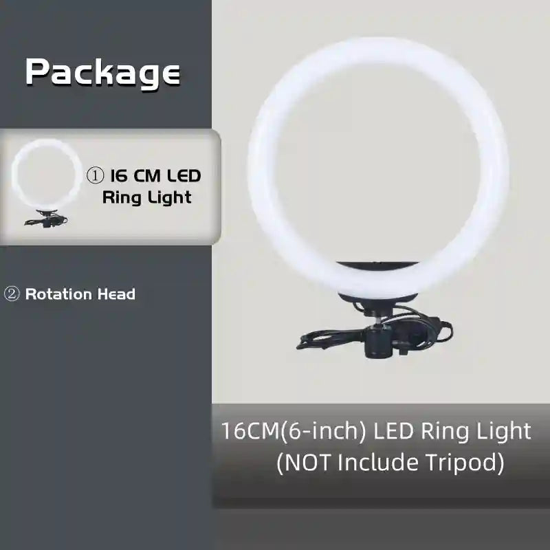 16cm LED ring light with a rotation head and power cord for photography and video lighting. Tripod not included.