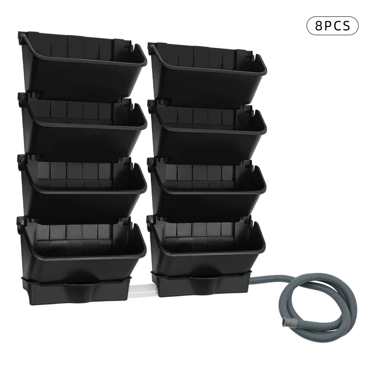 Black wall-mounted vertical planter pockets with grey connecting hose