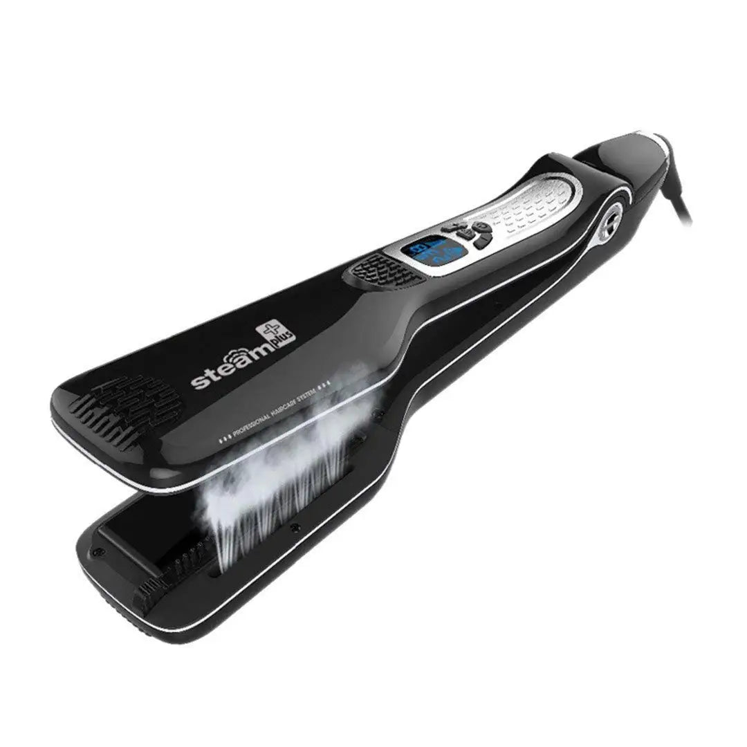 Black steam hair straightener with LCD screen, detangling comb, and professional styling mist technology.
