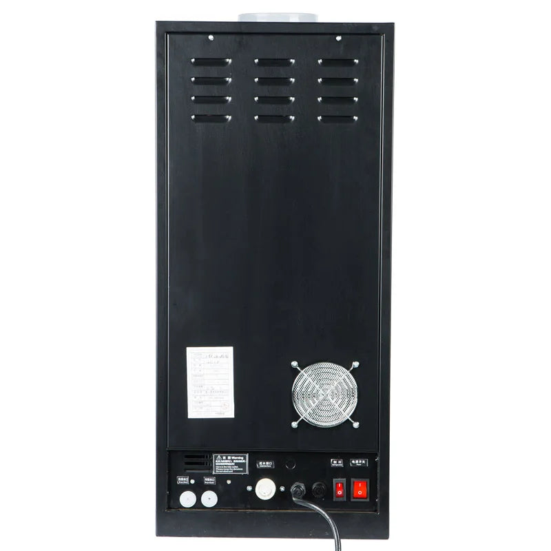Back view of a black metal commercial water boiler featuring cooling fan vents and electrical power switches.