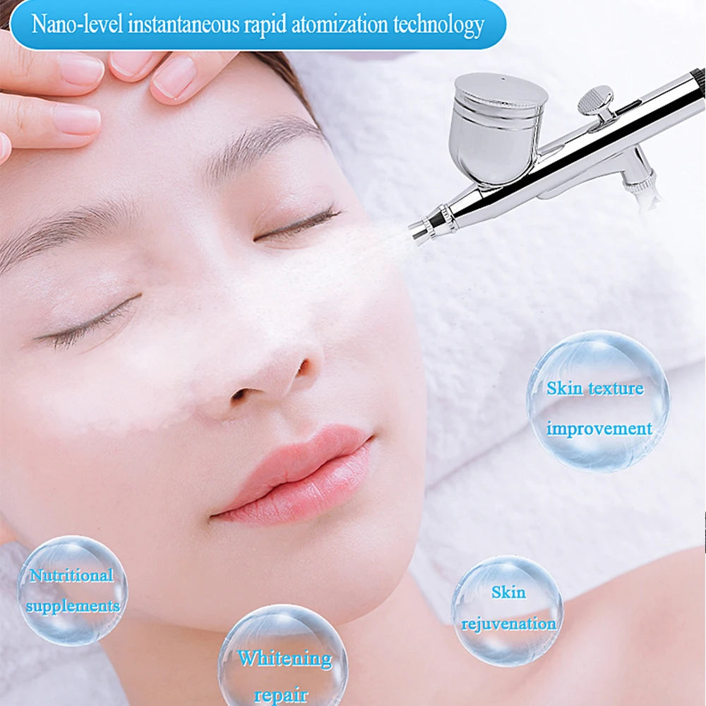 A silver airbrush tool sprays a fine mist onto a woman’s face, highlighting facial skin care benefits.