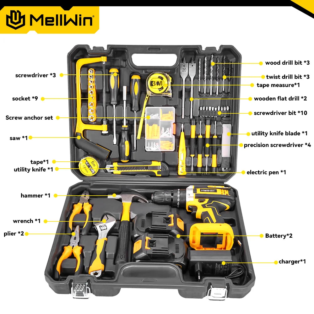 MELLWIN Cordless Electric Impact Drill Set 25+3 Torque Multipurpose Electric Screwdriver Power Tool For Makita 18V Battery Pin