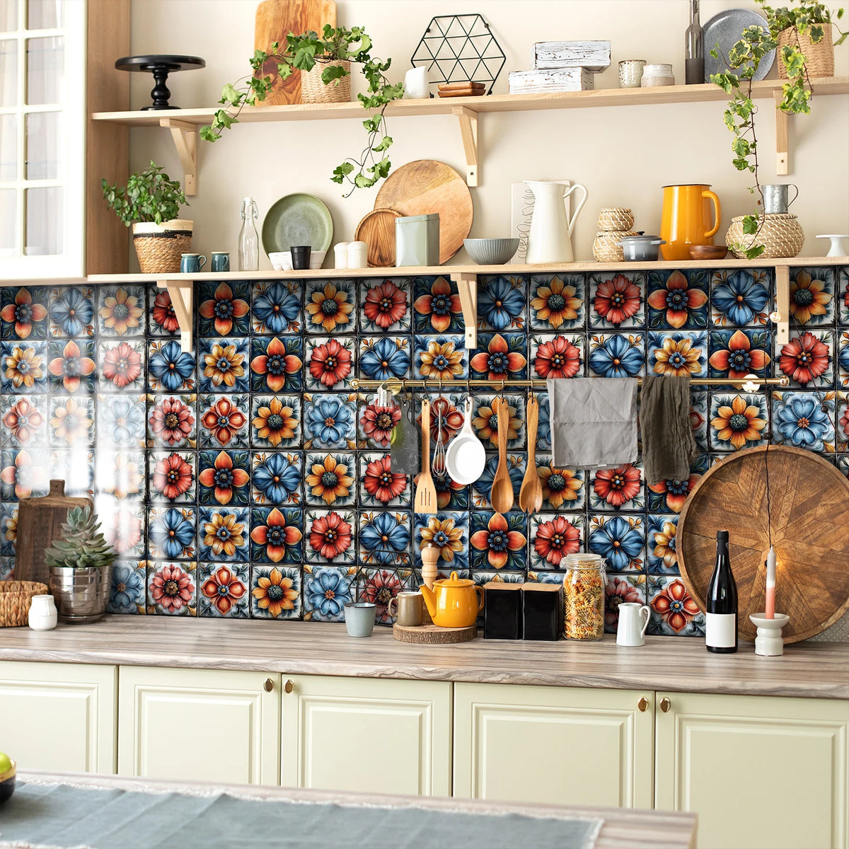 Blue tile-pattern wallpaper with orange and red floral medallion squares on backsplash