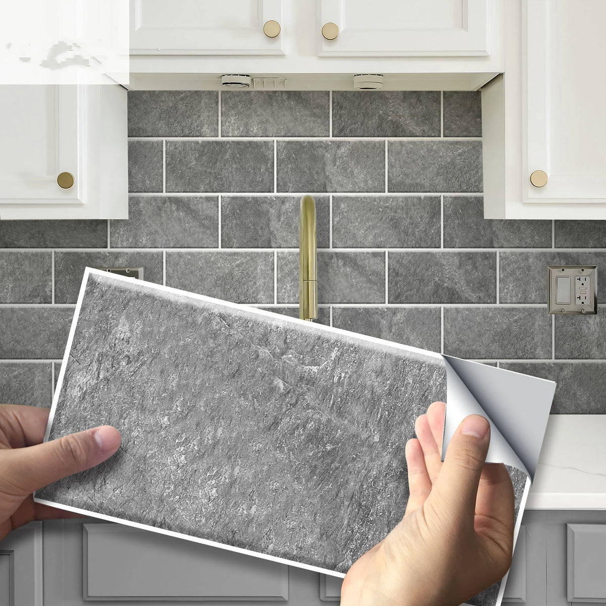 Peel-and-stick brick tile sticker sheet, gray stone pattern.