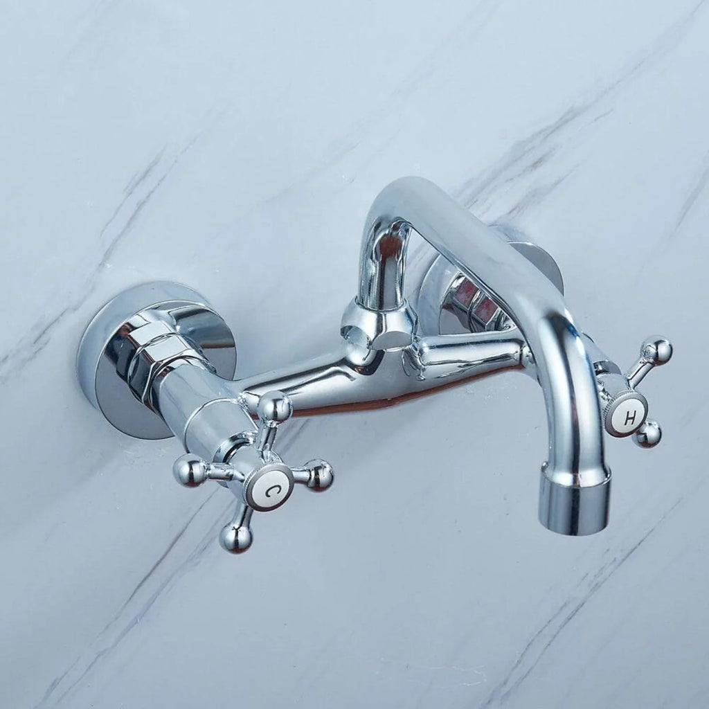 Dual Handle Brass Wall Mount Kitchen Faucet, Rotatable Spout Hot Cold Water Mixer Tap for Kitchen Sink