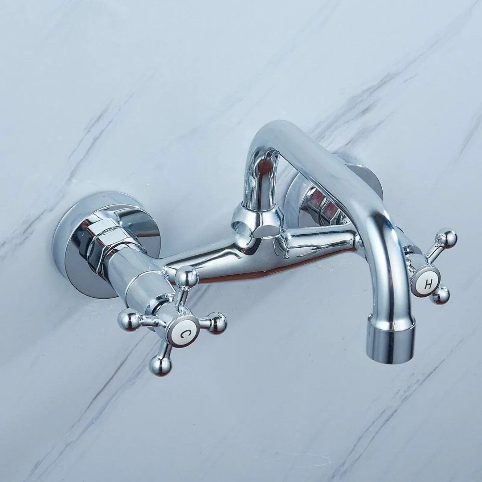 Dual Handle Brass Wall Mount Kitchen Faucet, Rotatable Spout Hot Cold Water Mixer Tap for Kitchen Sink