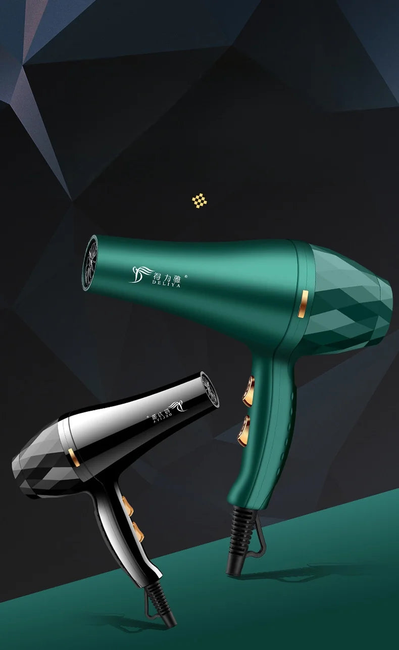 Green and black professional hair dryers with diamond-texture design, high wind power, and heat control settings.