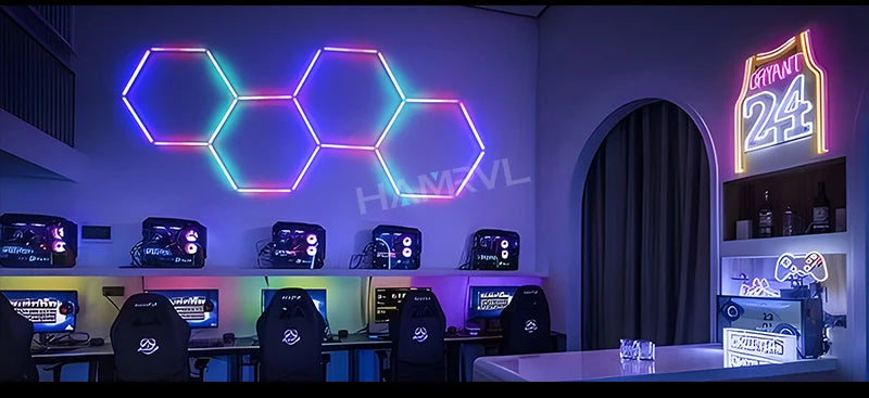 Garage Dimmable Hexagon LED Lighting RGB Color Change 3000-6000K Gym BarberShop Honeycomb Ceiling Lights Halloween Party Gaming