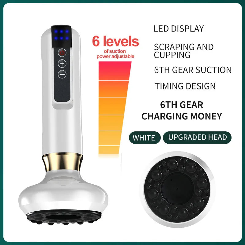 White electric cupping massager with 6-level adjustable vacuum suction, LED display, and upgraded massage head.