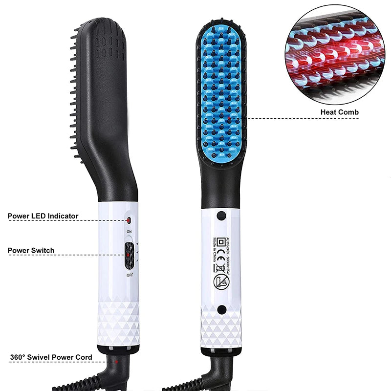 Black and white portable beard straightener with blue heat comb, LED indicator, and 360-degree swivel cord for men.