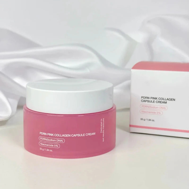 A pink, cylindrical jar of PDRN Pink Collagen Capsule Cream with a white lid, beside its matching white and pink box.